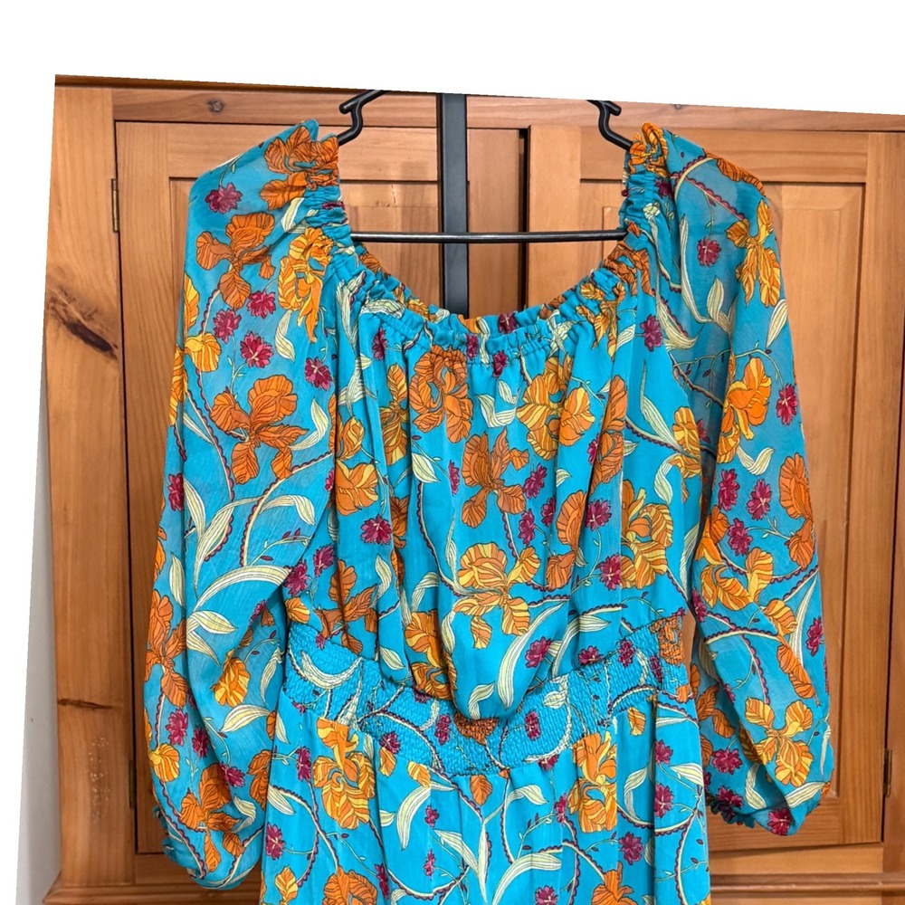 Soffie Floral Midi Dress Boho Smocked Waist Blue Orange Excellent Tiered Hem - Picture 2 of 5